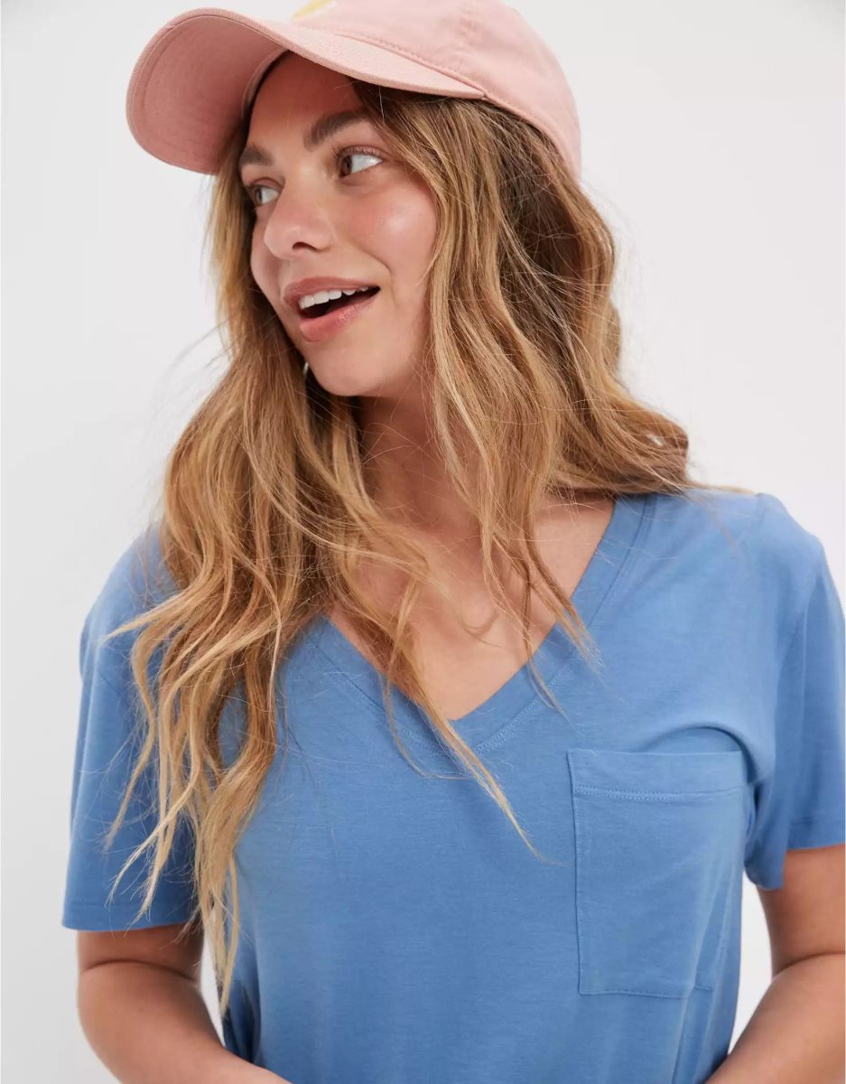 T Shirts American Eagle AE Soft & Sexy V-Neck Pocket Tee Bleu Femme | PUU-68579056